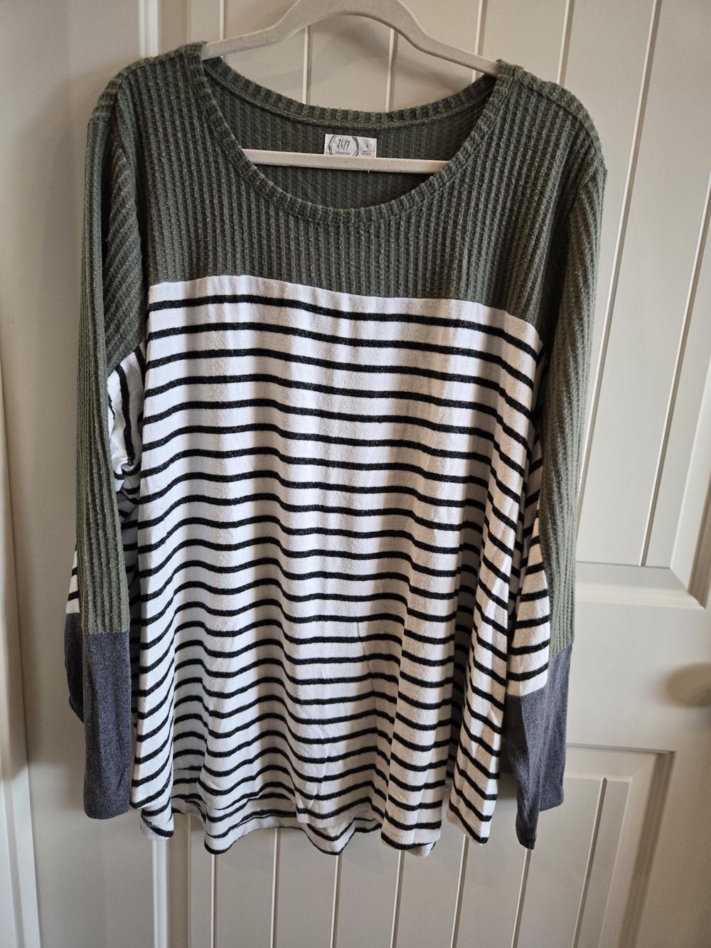 Maurices Olive Green, White & Black Striped Long Sleeve Top Size 4x